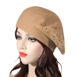 ZLYC Women's Wool Beret Classic French Beret Warm Beret Hat, Flower Tan