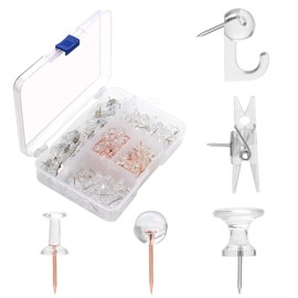 Clear Push Pins Set, 5 Styles 125-count Thumb Tacks Map Pins, Steel Point and Clear Plastic Head Pushpins Transparent Thumbtacks for Cork Board Bulletin Boards