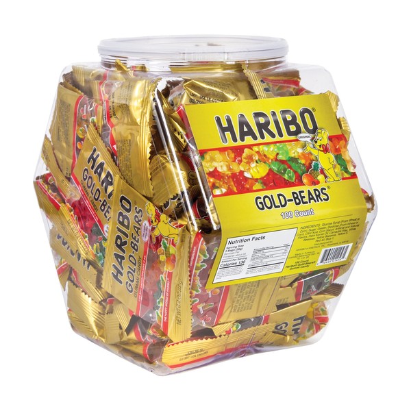 Haribo Gummy Bears Bulk Pack | 100 Individually Wrapped Fun Size Candy Packs in Reusable Plastic Tub | Gummie Gold-Bears in Assorted Flavors