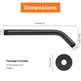 HarJue Shower Arm with Flange and Teflon Tape, Wall Mounted Shower Pipe 304 Stainless Steel Extension Arm for Fixed Shower Head & Handheld (10 Inch, Matte Black)