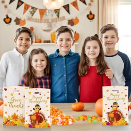 40 Pcs Thanksgiving Gift Bags - Happy Thanksgiving Goodie Bags, Plastic Fall Maple Leaves Pumpkin Give Thanks Turkey Treat Candy Favor Tote Bags with Handles for Autumn Thanksgiving Party Favors Bulk