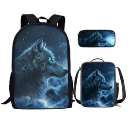 Ystardream Wild Wolf Backpack for Girls 10-12 for School with Lunch Box Pencil Case 3 Pcs Set Book Bag Elemenatry Preschool Back Packs Schoolbag for Kids Boys Travel Daypack