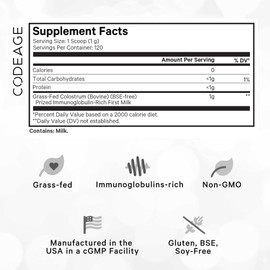 Codeage Codeage Bovine Colostrum Powder Supplement 4-Month Supply, 1000mg per Serving, Grass-Fed Ethically Sourced, Immunoglobulin-Rich Prized First Milk, Cold-Chain Pasteurized, Agglomerated, Non-GMO, 4.3 OZ