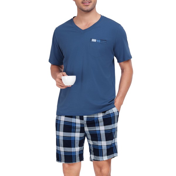 Vlazom Men's Pyjamas Set Short Sleeve Soft Pj's Top and