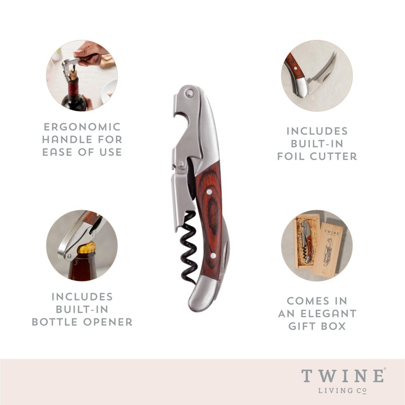 Twine Wood Handle Double HInged Corkscrew, Stainless Steel Wine Key