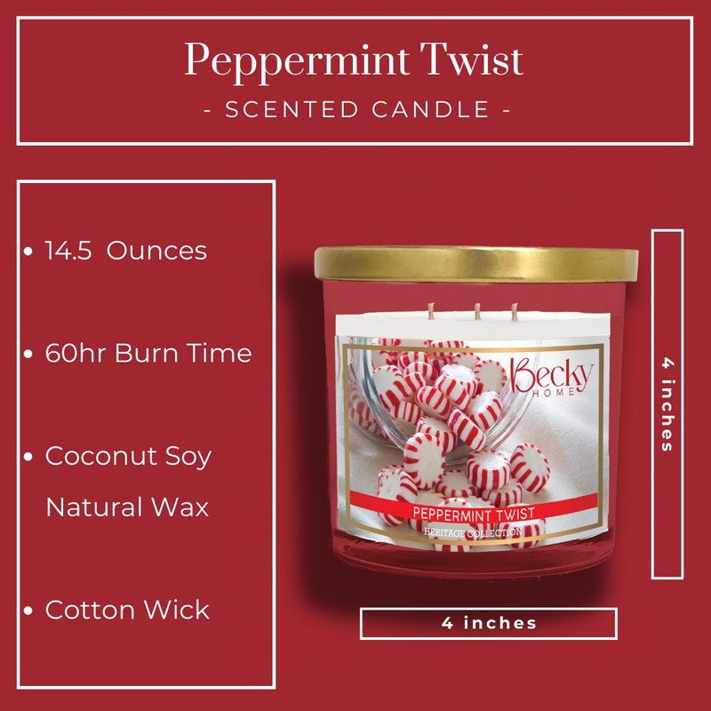 Peppermint Scented 3-wick Candle in Glass Jar | Candles for
