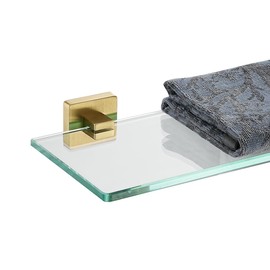 JQK Bathroom Glass Shelf, Floating Tempered Glass Shower Storage 20 by 5 inches, 304 Stainless Steel Brushed Gold Wall Mount, TGS201L20-BG