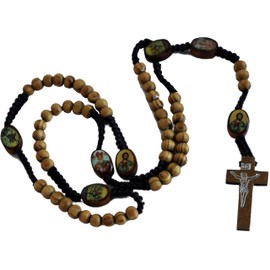 Holy Land Market Tan Wooden Beads Rosary with Enamelled icons beads with Jesus Imprint Cross