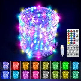 GLPE RGBW LED Rope Lights Outdoor with USB Powered, 33Ft 100 LED String Lights Indoor with Remote, 20 Color Changing Fairy Lights for Outside Garden Party Wedding Christmas