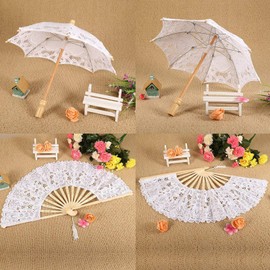 Gsycle Mini White Lace Parasol Umbrella, Fancy Umbrellas for Women, Wedding Bridal Flowers Embroidery Umbrella Small Photography Prop Craft Umbrella with Folding Fans Mini Lace Umbrella for Party
