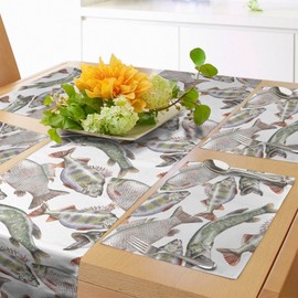 Ambesonne Fishes Table Runner & Placemats Watercolor Common Carp Perch and Bass Freshwater Animals Themed Seafood Drawing, Set for Dining Table Decor, Placemat 4 pcs + Runner 16"x72", Mauve Sage Green