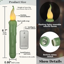 Sage Green Flameless Short Taper Candles, Real Wax Hand Dipped LED Battery Operated with Remote, Flickering Flame Lights for Festival Party Home Décor, 6.7 Inch Primitive Flameless Candles, 4PCS