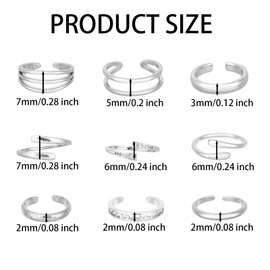 Mikovivi 9pcs Toe Rings for Women, Adjustable Open CZ Hug Toe Rings Set Dainty Summer Beach Foot Jewelry Fashionable Women's Foot Decoration Accessories (Silver)