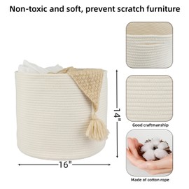 XUANGUO Cotton Rope Basket For Girls Boys Kids 16”X14” Baby Laundry Basket Nursery Bin Round Woven Basket Organizer For Storage Toys Blankets Shoes Clothes white