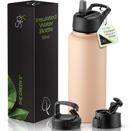 SipX™ Triple-Insulated Stainless Steel Water Bottle 32oz. With 3 Lids, BPA-Free Reusable Insulated Water Bottle Keeps Cold 24 Hours, Metal Water Bottle Made Of Sustainable Material For Hiking & Biking