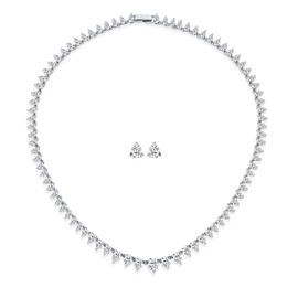 Classic Traditional Bridal Graduated Teardrop AA CZ Statement Collar Tennis Necklace Stud Earrings Jewelry Set for Women Wedding Prom Silver Plated