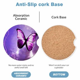 Purple Butterfly Car Cup Holder Coaster 2 Pack Absorbent Ceramic Car Coasters for Cup Holders Car Accessories Interior for Women Men Universal Anti Slip Cork Base Cup Coasters with Finger Notch