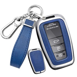 SANRILY PU Leather 3/4 Button Key Fob Cover Fit for Toyota RAV4 Camry 2021 2020 Avalon C-HR Prius Corolla Highlander GT86 Keyless with Leather Keychain Silver-Blue