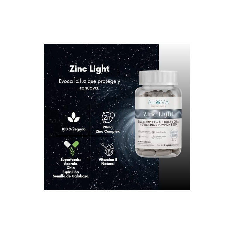 Alova | Zinc Bisglicinato + Gluconato con Superfoods Antioxidantes y