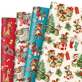 JarThenaAMCS 12 Sheets Christmas Wrapping Paper -Not Roll- Cute Cat Gift Wrap Paper Folded Flat Vintage Craft Paper for Xmas Home Party Supplies, 19.7 x 27.6 Inch