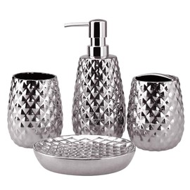Silver Bathroom Accessories Set, Moroccan Trellis Bathroom Ensemble Complete Sets for Bath Decor Includes Soap Dispenser Pump, Toothbrush Holder, Tumbler, Soap Dish, Ideas Home Gift