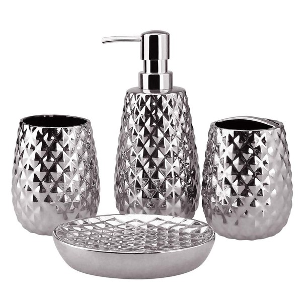 Silver Bathroom Accessories Set, Moroccan Trellis Bathroom Ensemble Complete Sets