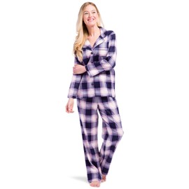 Fishers Finery Women's EcoFlannel Plaid Full Length Pajama Set with Gift Box; Warm Winter PJs (Nvy/Pink, L)