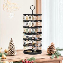 iDavosic.ly 6 Tier Rotating Earring Holder Organizer with Metal Tray, Adjustable Plastic Dangle Display Stands Tree with 342 Grooves, Large Hoop Storage Rack Tower, Black