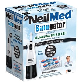 NeilMed Sinugator Cordless Pulsating Nasal Irrigator (Dual Speed) with 30 Premixed Packets and 3 AA Batteries - Black (Pack of 1)