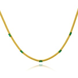 DASIQI Women Gold Titanium Steel Necklace, 16 inches, Adjustable, Herringbone Thin Chain with 5 Green Cubic Zirconia