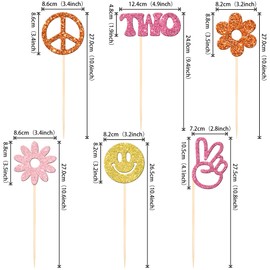 12 PCS Two Groovy Hippie Party Centerpiece Sticks Glitter 60s Retro Boho Dasiy Flower Sun Peace Sign Hand Table Flower Centerpieces Sticks for Hippie Retro Theme Birthday Party Centerpiece Supplies