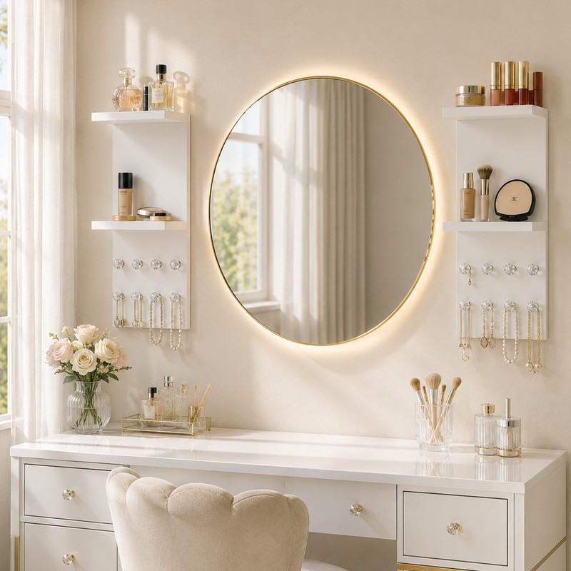 2 Tier White Floating Vanity Wall Shelf with 8 Crystal