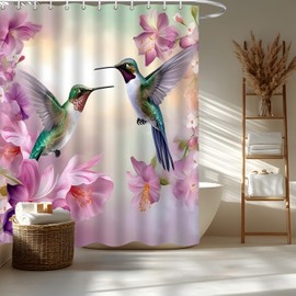 YOZSLGU Hummingbird Floral Shower Curtain Watercolor Pink Purple Flowers Birds Rustic Garden Spring Fabric Bathroom Decor Curtains Set with Hooks, 70" Wx70 H