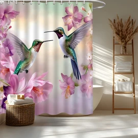 YOZSLGU Hummingbird Floral Shower Curtain Watercolor Pink Purple Flowers Birds Rustic Garden Spring Fabric Bathroom Decor Curtains Set with Hooks, 70" Wx70 H