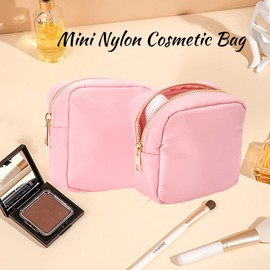 Small Makeup Bag for Purse Nylon Makeup Organizer Wash Bag Preppy Makeup Pouch Mini Make Up Bags Women Waterproof Travel Cosmetic Bag Cute Stuff Storage Bags (Pink, Mini)