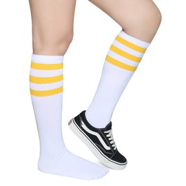Pareberry Triple Stripes Soft Cotton Knee High Tube Socks for Men and Women (Yellow/White)