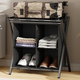 Huhote Luggage Rack for Guest Room, Folding Suitcase Stand with Fabric Storage Shelf, Luggage Holder, Steel Foldable Luggage Stand for Guest Room, Bedroom, Hotel, Black