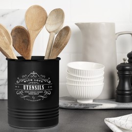 Baie Maison Large Countertop Utensil Holder - Farmhouse Kitchen Tools Storage Organizer - Black Cooking Utensil Caddy Jar Spatula Holder