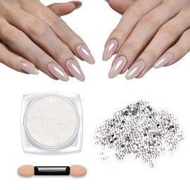 LIGHT RAIN 1.5g White Pearl Chrome Nail Powder Kit - Glass and Pearlescent Transparent Glitter Dust, 1400pcs 2mm Flatback Clear Crystal Rhinestones, 1 Applicator for Nail Art