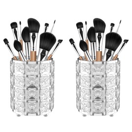 LUGUNU Makeup Brush Holder with Silver Crystal Bling – Elegant Vanity Organizer for Brushes, Pens & Pencils, Ideal for Bathroom or Office Countertop(2Pack)
