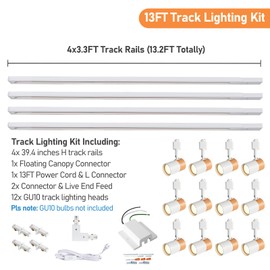 Hiiglxii 12-Light LED Track Lighting Kit with 13FT H Type Rails & Floating Canopy Connector, Plug in Track Light Kit, GU10 Modern Kitchen Track Lighting Fixtures Ceiling Spot Light, White (No Bulbs)