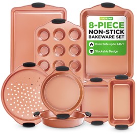 NutriChef 8 Piece Baking Pans Set - Nonstick Carbon Steel Bakeware Set w/ Silicone Heat-Safe Handles - Includes Loaf Pan, Muffin Pan, Cookie Sheets, Pizza Crisper, Roasting Pans - Rose Gold