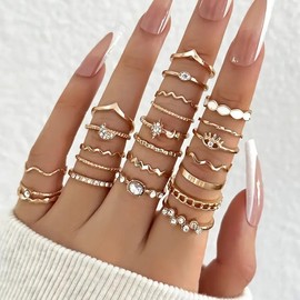 Elegant & Trendy 23pcs Mix & Match Ring Set – Geometric, Moon & Star Designs with Rhinestone and White Drip Oil Accents