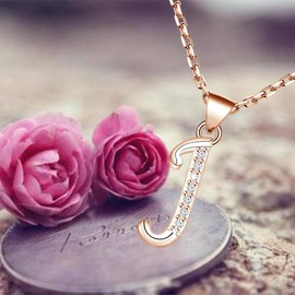 CHOORO Dainty Script Rose Gold Initial Necklace 26 Alphabet Letter Pendant Zircon Necklace Name Necklace for Women Girls Bridesmaid Jewelry Gift (J -necklace)
