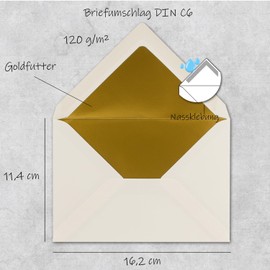 Envelopes DIN C6-114 x 162 mm - 11.4 x 16.2 cm, gummed seal, gold-silver metallic lining, Natural white gold