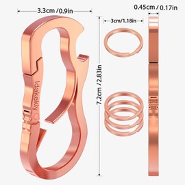 Idakekiy Key Chain Bottle Opener 4 Key Rings Keychain Carabiner Clip Key Holder for Men and Women, Rose Gold, Small