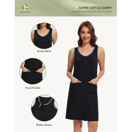 BambooBud Womens Tank Nightgown Sleeveless Nightshirt Soft Button Up Sleepwear Viscose from Bamboo Pajama Dress S-XXL, Black, Small