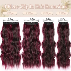 Clip in Hair Extensions 4Pcs Long Wavy Hair Dark Red Synthetic Clip in Extensions 22 Inch for Women #Dark Brown Mix Burg