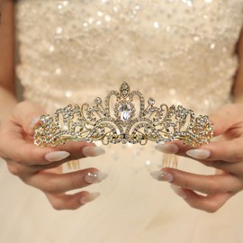 Rannyrena Sparkling Crystal Tiara Crown for Women Gorgeous Rhinestone Bridal Wedding Headband with Combs Elegant Birthday Party Prom Hair Accessories (Gold-white, Standard)