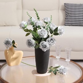 Tifuly - Rosas artificiales plateadas de seda - 12 piezas, ramo de rosas de tallo largo realistas, flores de seda falsas para centro de mesa de fiesta, hogar, boda, decoración de hotel y oficina